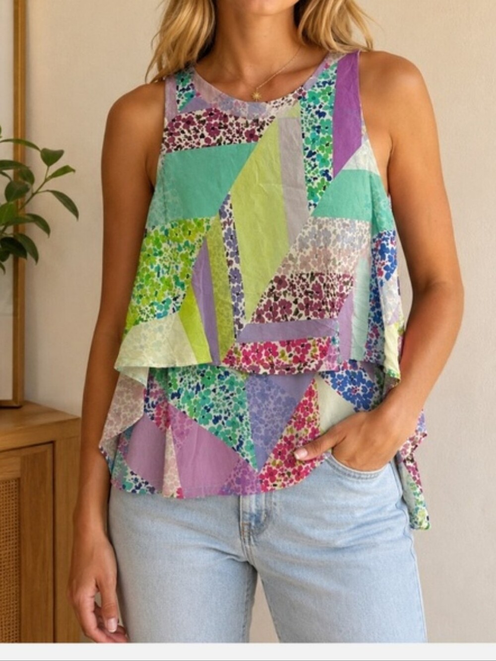 Trina Turk Multicolor Floral Geo Ruffle Camisole in Lime, Purple, Teal and Pink
